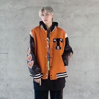 Lettering Embroidered Faux Leather Panel Baseball Jacket