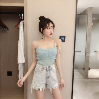 Shirred Mesh Camisole Top / Washed Ripped Denim Hot Pants