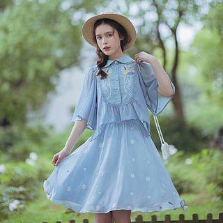 Elbow-sleeve Floral Embroidered Blouse / Midi A-line Skirt