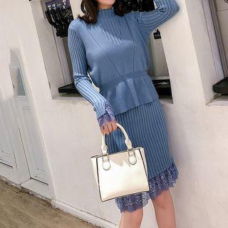 Set: Long-sleeve Midi Knit Dress + Knit Vest