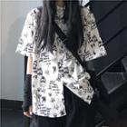 Skull Print Elbow-sleeve T-shirt As Shown In Figure - One Size
