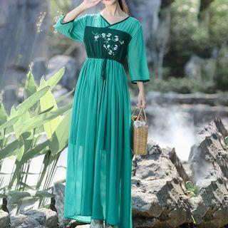 V-neck Floral Embroidered Maxi A-line Dress