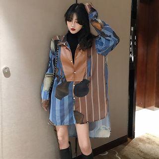 Faux Leather Panel Long-sleeve Shirt Dress As Shown In Figure - One Size