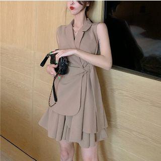 Set: Tie-waist Lapel Wrapped Top + Pleated Mini Skirt