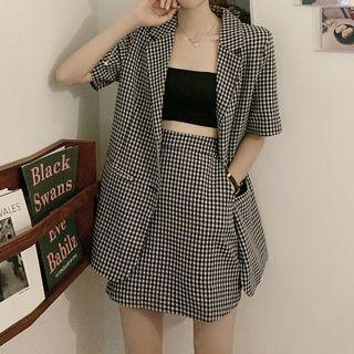 Set: Short-sleeve Plaid Blazer + Mini A-line Skirt