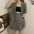 Set: Short-sleeve Plaid Blazer + Mini A-line Skirt
