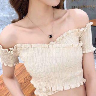 Off-shoulder Ruffle Trim Shirred Knit Crop Top
