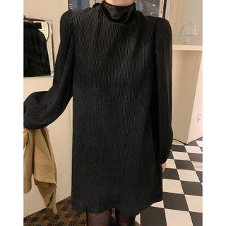 Long-sleeve Corduroy Shift Dress Black - One Size