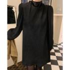 Long-sleeve Corduroy Shift Dress Black - One Size