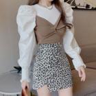 Puff-sleeve Paneled Blouse / Leopard Print A-line Skirt