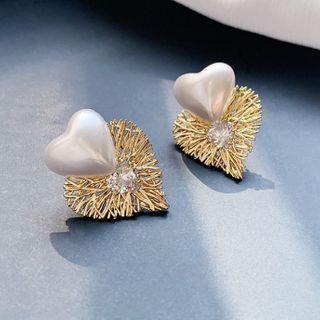 Faux Pearl Heart Layered Stud Earring 1 Pair - As Shown In Figure - One Size