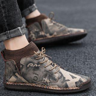 Print Genuine Leather High-top Lace-up Shoes