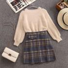 Set: Cut-out Lantern-sleeve Sweater + Plaid Mini A-line Skirt