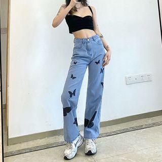 Butterflies Print High Waist Straight Leg Jeans