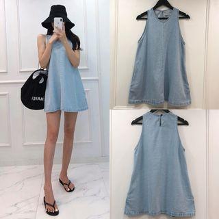Sleeveless A-line Denim Dress Blue - One Size