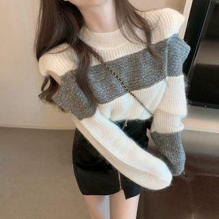 Paneled Ribbed Sweater / Faux Leather A-line Skirt