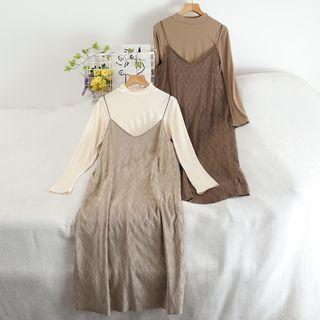 Set: Plain Long Sleeve Top + Plain Spaghetti-strap Dress