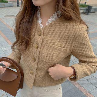 V-neck Plain Cropped Jacket / Lace Trim V-neck Blouse