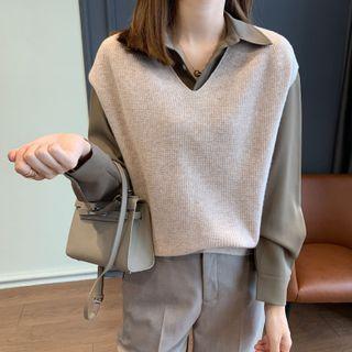 Set: Plain Shirt + V-neck Sweater Vest + Straight-leg Pants