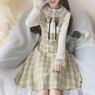 Set: Long-sleeve Lace Paneled Top + Plaid A-line Suspender Skirt