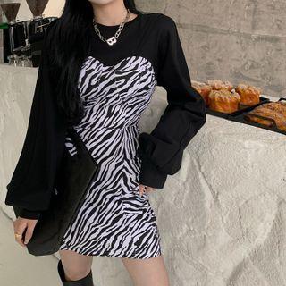 Long-sleeve Zebra Print Panel Mini A-line Dress