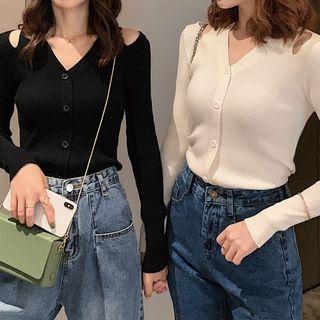 Plain V-neck Off-shoulder Long-sleeve Sweater