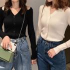 Plain V-neck Off-shoulder Long-sleeve Sweater