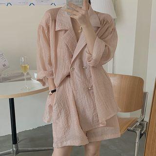 3/4-sleeve Double-breasted Blouse / Wide Leg Shorts