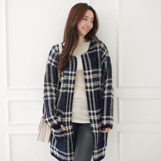 Crew-neck Open-front Plaid Coat
