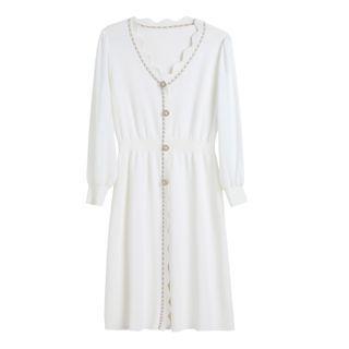 Long-sleeve Scallop Trim A-line Dress White - One Size