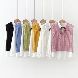 Long-sleeve Plain Shirt + Knit Vest