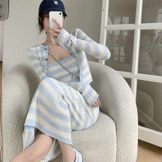 Set: Striped Cardigan + Spaghetti Strap Knit Midi Sheath Dress Blue & White - One Size