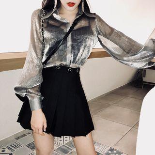 Long-sleeve Sheer Blouse Blouse - Silver Gray - One Size