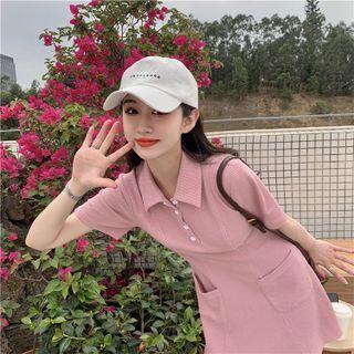 Short-sleeve Polo-neck Knit Mini A-line Dress