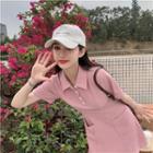 Short-sleeve Polo-neck Knit Mini A-line Dress
