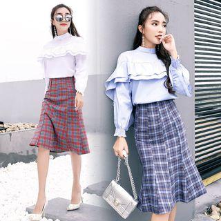 Set: Stand Collar Ruffled Top + Plaid Mermaid Skirt