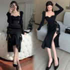 Long-sleeve Slit Midi Sheath Dress Black - One Size