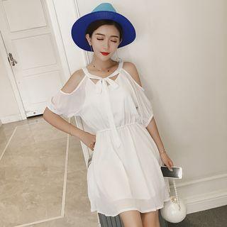 Cold Shoulder Elbow-sleeve A-line Chiffon Dress