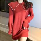 Long-sleeve Sailor-collar Knit Mini Dress Red - One Size