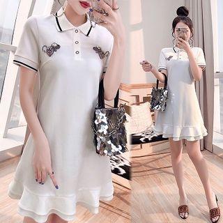 Short-sleeve Ruffle Hem Mini A-line Polo Shirt Dress