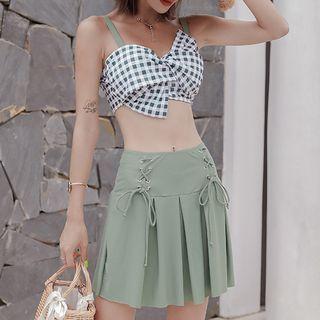Set: Checked Bikini + Lace Up Swim Skirt