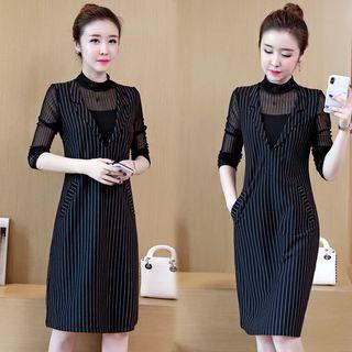 Mock Two-piece Long-sleeve Mesh Panel Striped A-line Dress