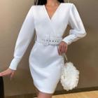 Puff-sleeve V-neck Plain Elastic-waist Dress