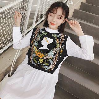 Long Sleeve Floral Embroidered Color Panel Flare Dress