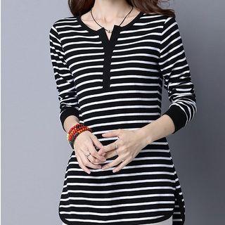 Long-sleeve Placket Striped T-shirt
