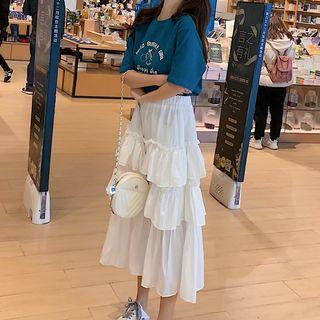 Set: Short-sleeve Print T-shirt + Midi A-line Tiered Skirt