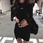 Long-sleeve Drawstring Mini Dress Black - One Size