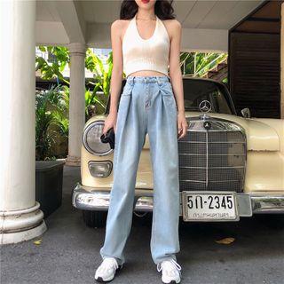 Washed Wide-leg Jeans / Halter-neck Knit Top