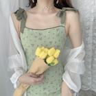 Sleeveless Floral Midi A-line Dress / Tie-front Light Jacket