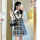 Plain Shirt / Plaid Mini A-line Overall Dress